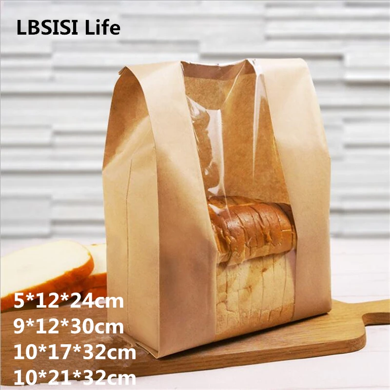 

LBSISI Life 50pcs Kraft Paper Bread Clear Avoid Oil Packing Toast Window Bag Baking Takeaway Food Package Cake Bag Party