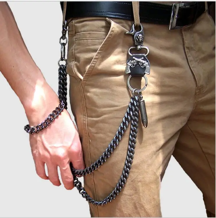 2 style Gray black horns Skull Sword Wallet Key Chain 60CM Long / 240g Single Cuban Link Punk Rock Jeans Chain Heavy Waist Chain