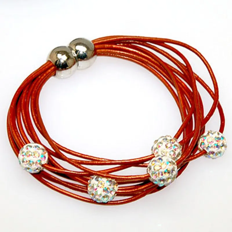 Top Quanlity Crystal Ball Beads Miasol Multilayers Genuine Leather Crystal Charm Pave Ball Magnetic Wrap Bracelet B1306