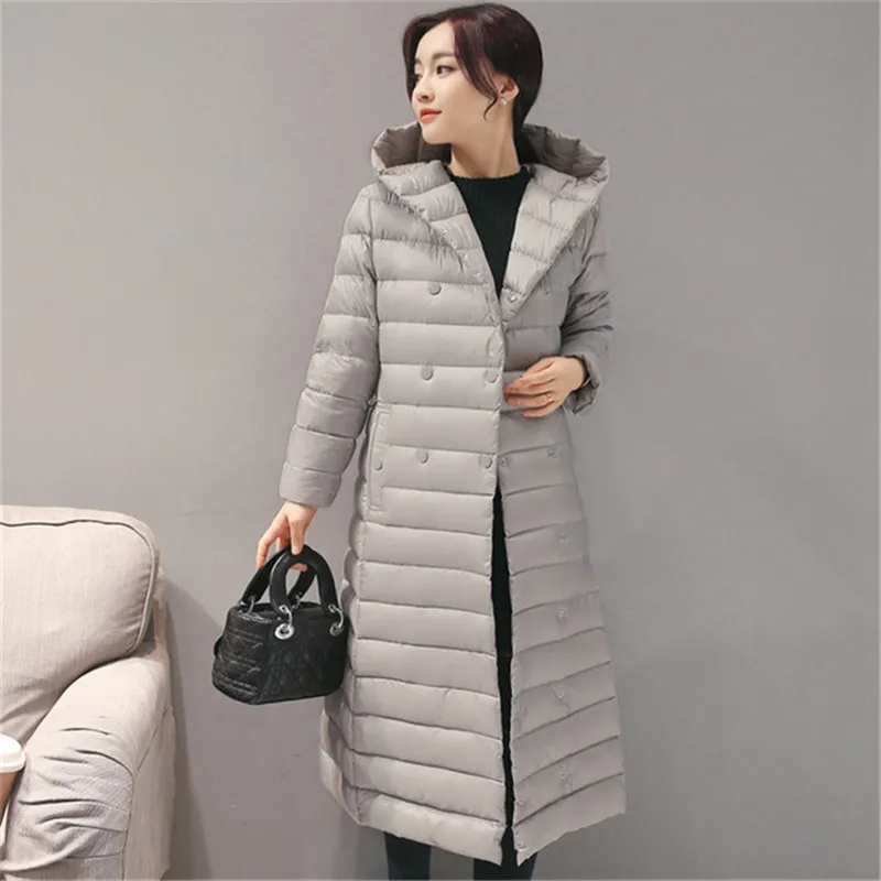 Sanishroly S-3XL Winter Women White Duck Down Jacket Ultra Light Down Coat Parkas Female Hooded Long Puffer Outerwears With Belt