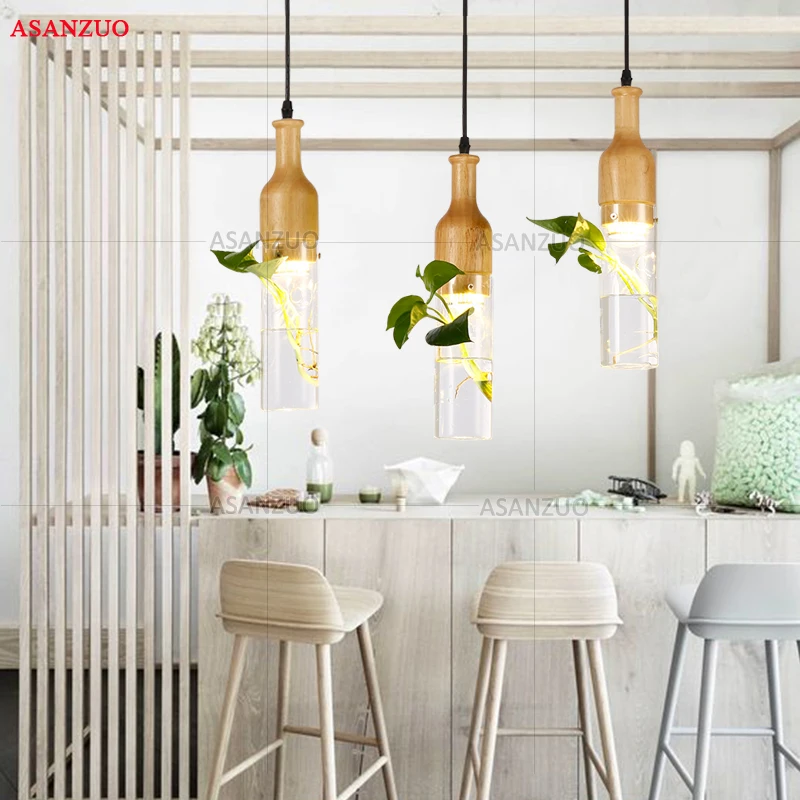 

Modern plant pendant lights wood glass bottle lustres luminaire industrial decor hanging lamp E27 led lampara lighting