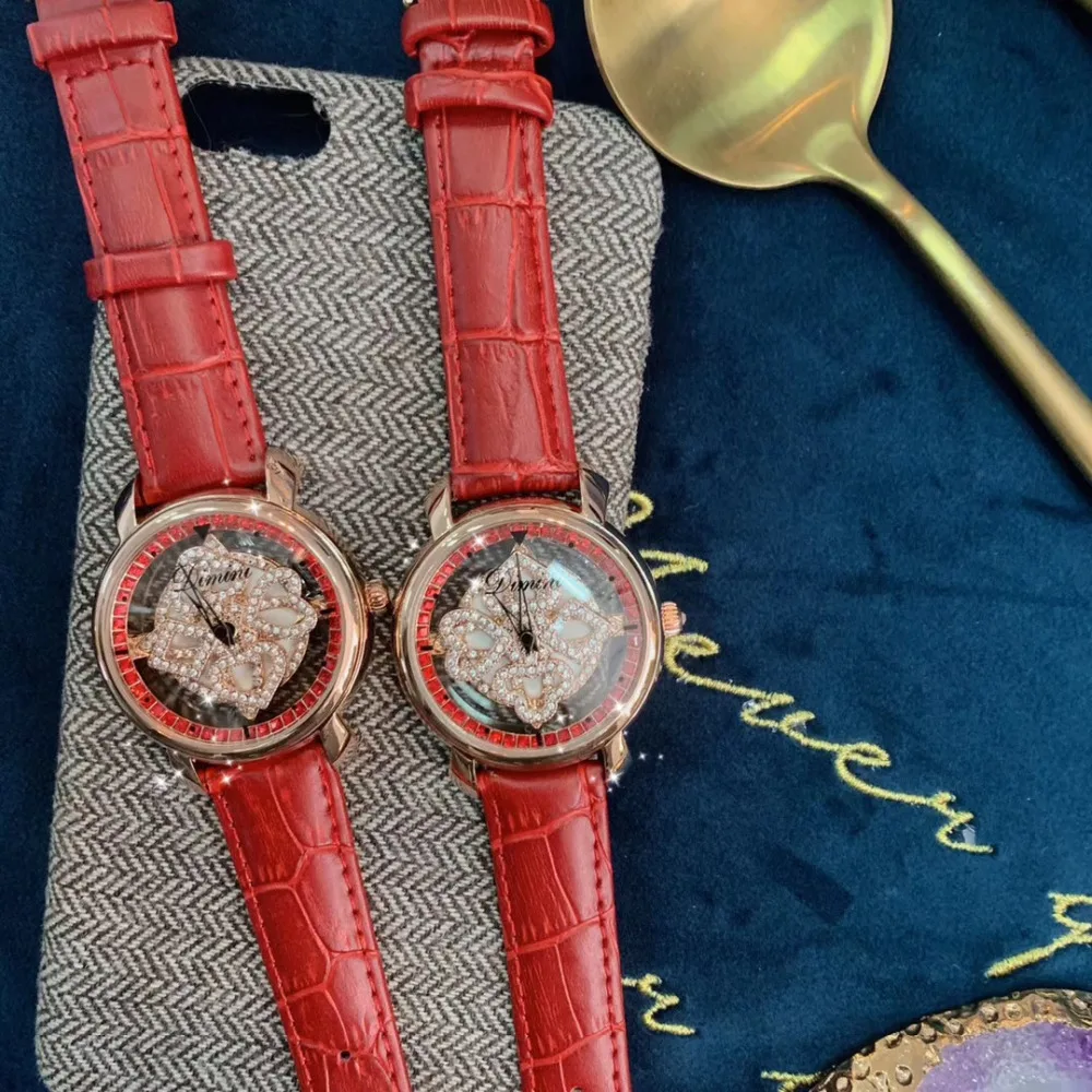 Fashion Red Women Crystals Spinning Watches Personalized Transparent Poker Rotating Wrist watch Waterproof Genuine Leather Watch