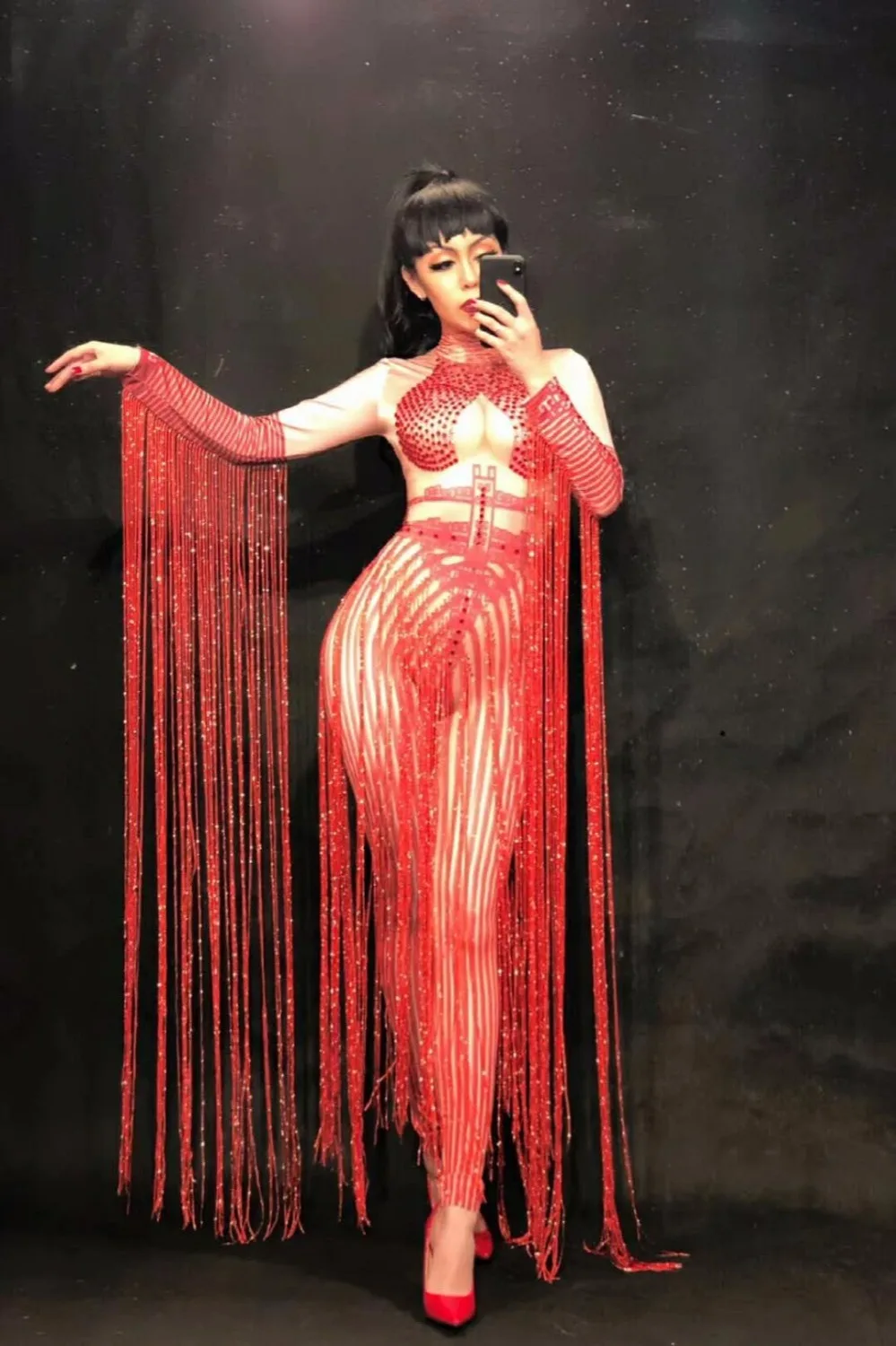 New Women Long Red Tassel Jumpsuits Red Glass Sparkling Crystals Nightclub Party Clothing Stage Wear Singer Dancer Costume