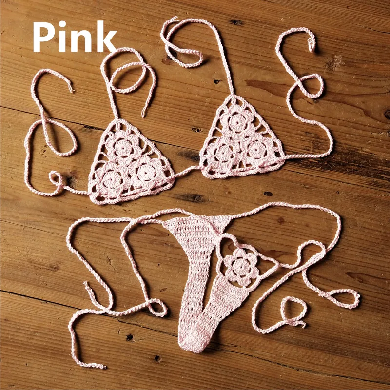 Bikini de ganchillo hecho a mano de 13 colores, Tanga, Micro traje de baño de playa, conjuntos de lencería Sexy, tomar el sol