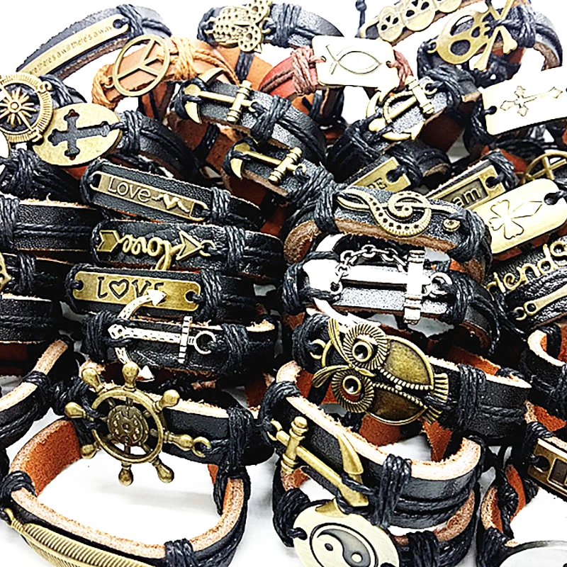 Wholesale 30pcs cuff leather bracelets men women unisex Copper Alloy decoration mix styles vintage fashion handmade jewelry