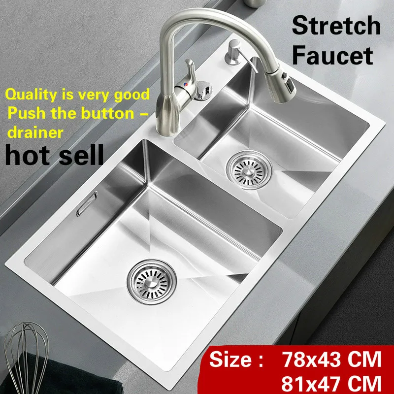 

Free shipping Luxury push the button drainer standard kitchen manual sink double groove stainless steel hot sell 78x43/81x47 CM