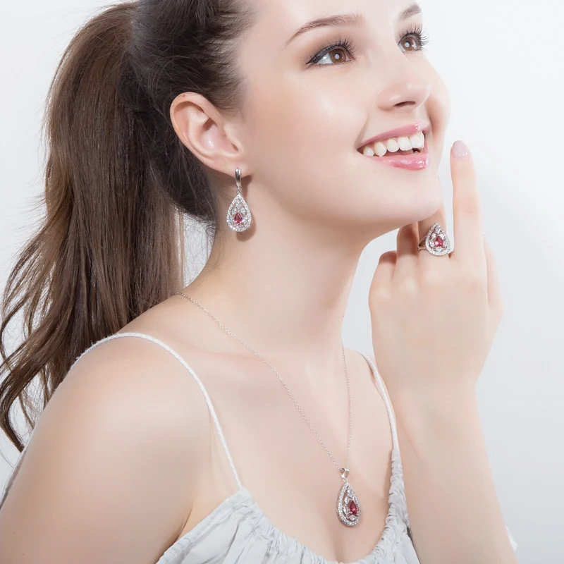 CWWZircons Brand New Fashion Dark Blue Crystal Jewelry Set Tear Drop CZ Huggie Earring Necklace and Ring Sets for Women T286