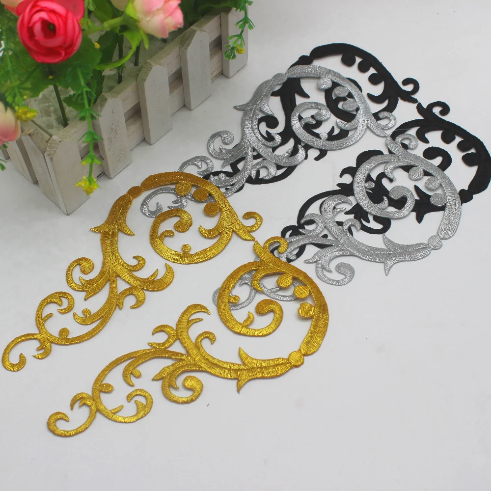 Gold Embroidery Patches Iron On Appliqued Mirror Pairs Diy Garment Costumes Trims 16cm*7.5cm