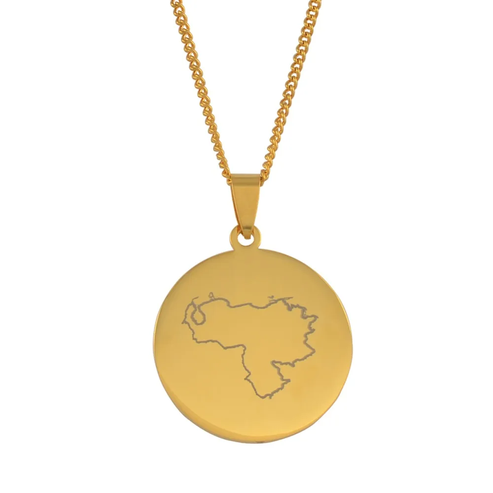 Anniyo Round Venezuela Map Pendant Necklaces for Women Men Jewelry Venezuelan Items #057221