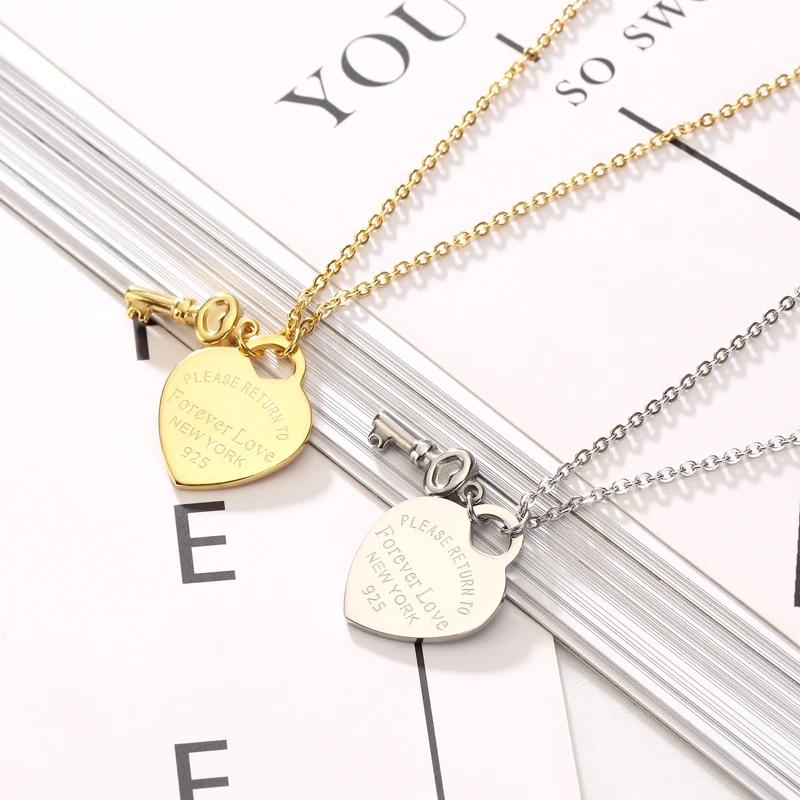 New Arrival Key And Forever Love Big Heart Necklace Pendant Stainless Steel High Quality Gold Colour Jewelry For Women Love Gift