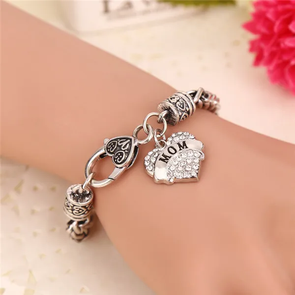 2015 Fashion Magazine New Design Lady's Bracelet Simple Love Heart Fashion Mom Bracelets With Rhinestone Charms Free 12pcs/lot