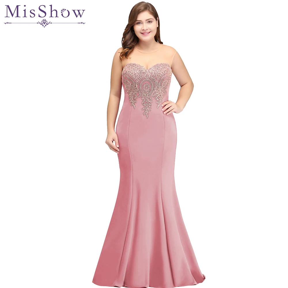 Dusty Pink Long Mermaid Evening Dresses Plus Size Gold Appliques Bodice Women Party Formal Prom Gowns Illusion Back Vestidos