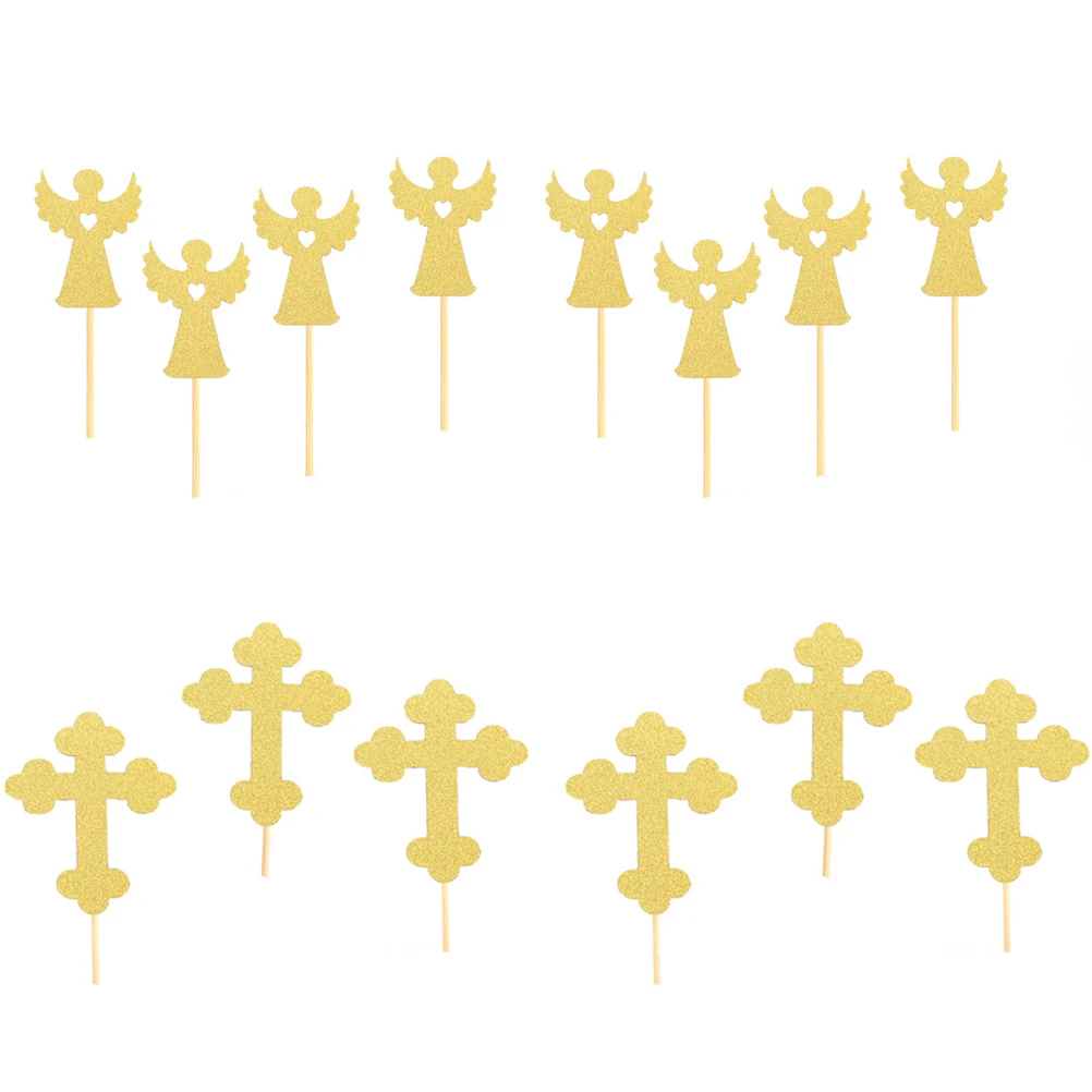 24pcs Angel And Cross Shaped Cake Topper Paper Cake Picks Cupcake Toppers Decorations Topper Decor Baby Shower Party Supplies