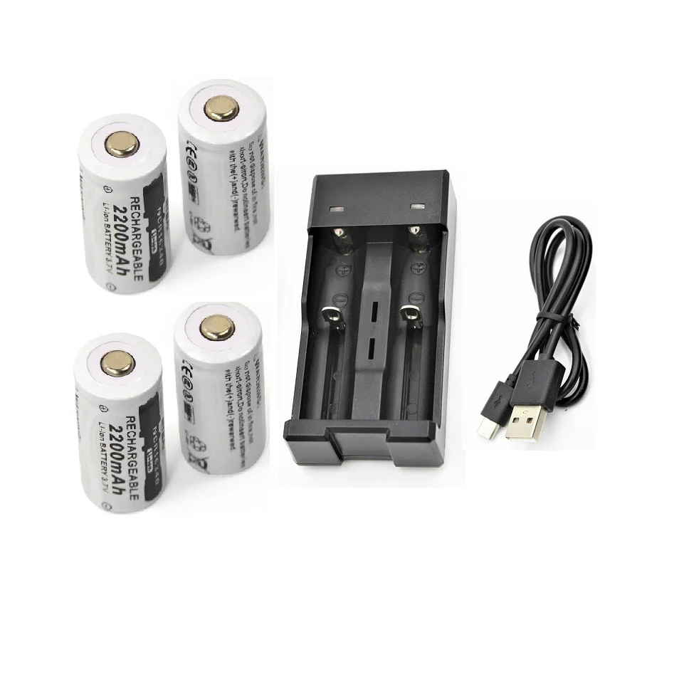 4pcs 3.7v 2200mAh CR123A rechargeable lithium battery+1pcs USB Charger 16340 18650 18500 14500 CR123A Battery Charger