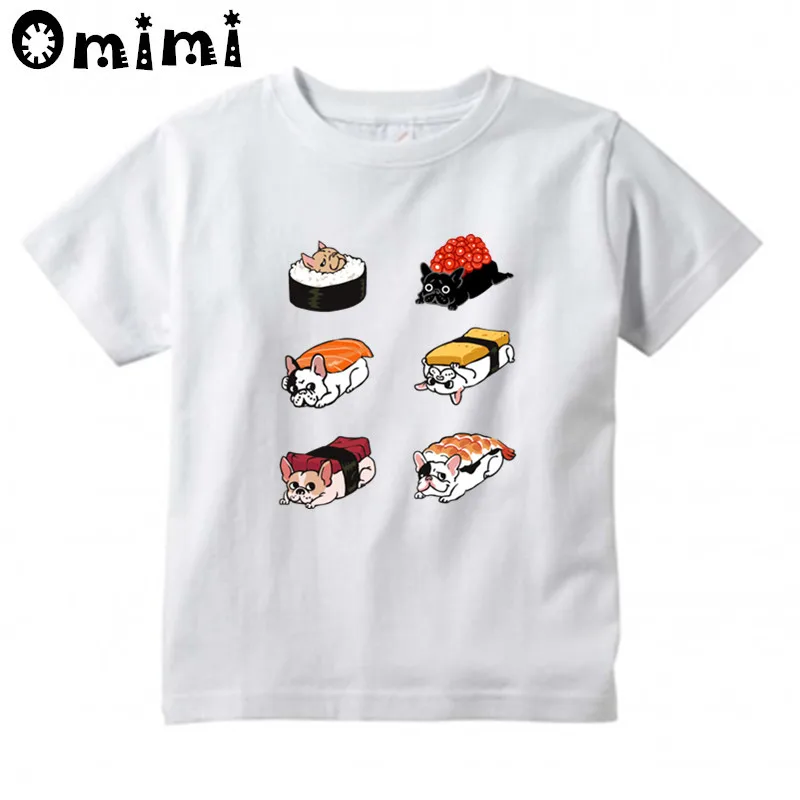 French dog/Pug/Sloth Sushi Funny Design T-shirts For Children,Boy/Girl Summer Short Sleeve White T shirts Kid Clothing Tops