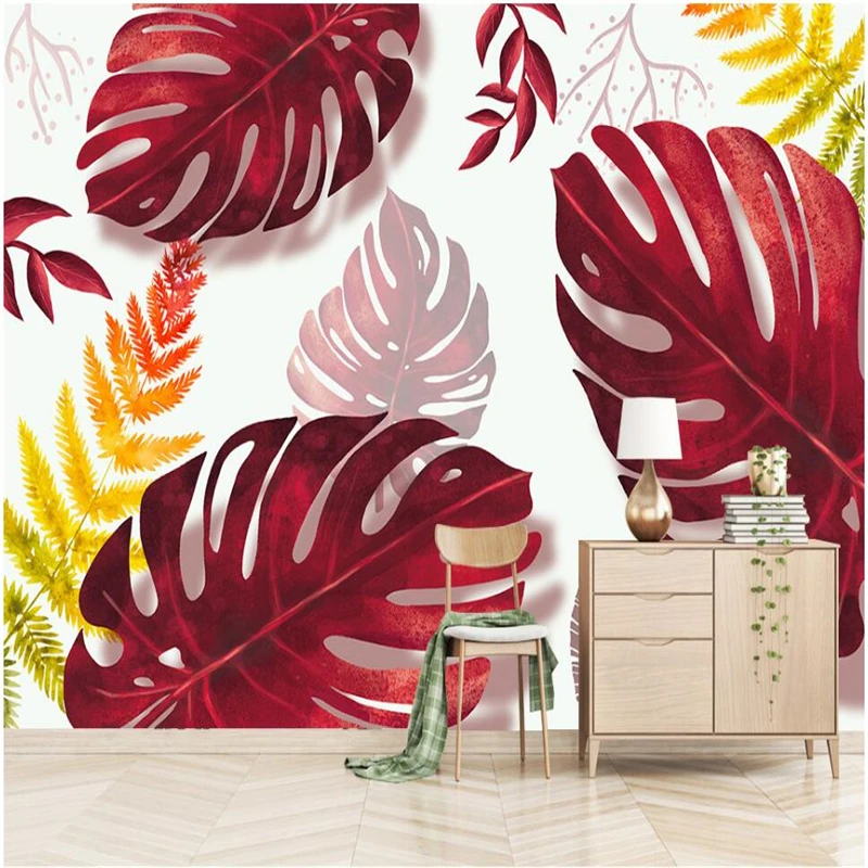 beibehang Nordic red banana leaf living room creative TV background wall custom large mural green silk wallpaper papel de parede