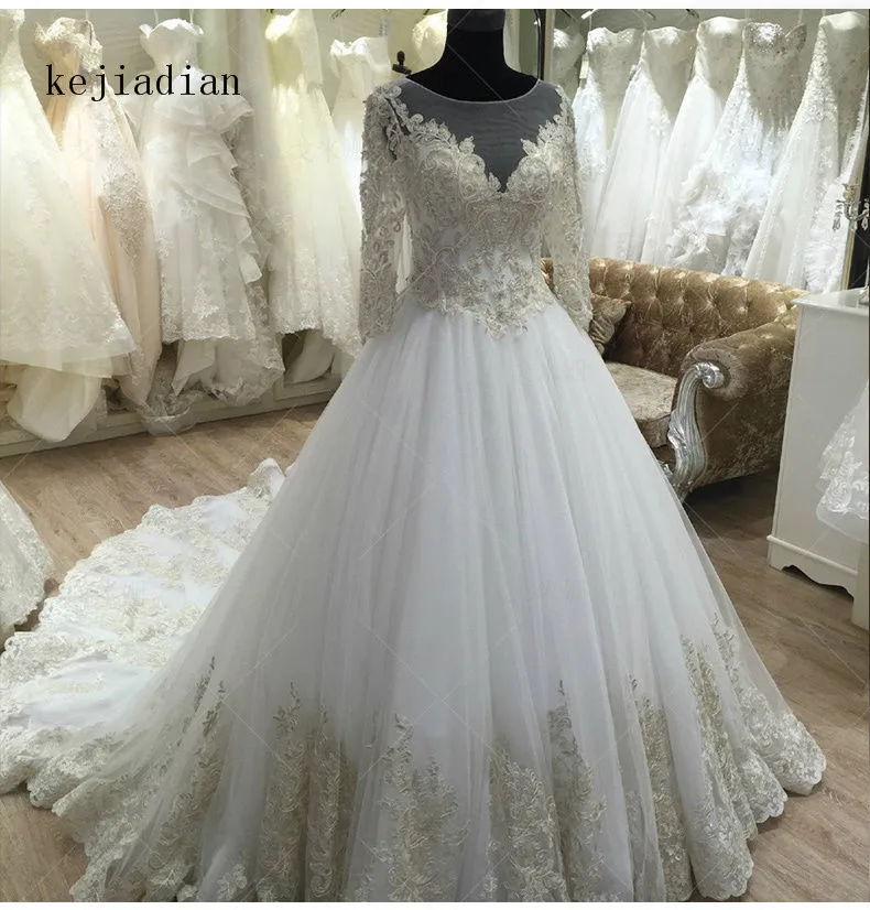 Vestido de novia de manga larga de encaje de princesa de lujo, traje de baile de talla grande, 2021