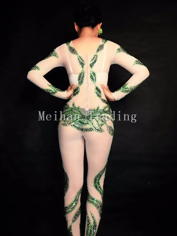 Green Crystals Flower Jumpsuit Women Nightclub Celebrate Jumpsuits Stage Bling Rhinestones Costume Female Singer Bodysuit Wear