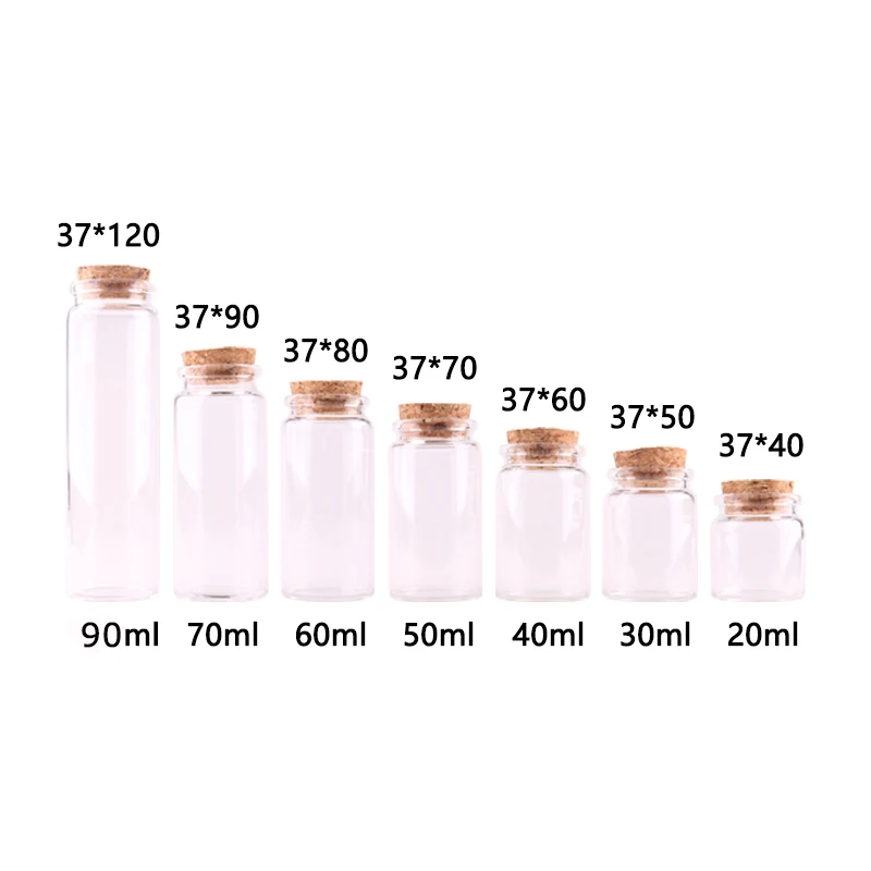 24pcs Dia 37mm 20ml/30ml/40ml/50ml/60ml/90ml Transparent Glass Spice Wishing Bottles Jars with Cork Stopper Wedding Favour Gift