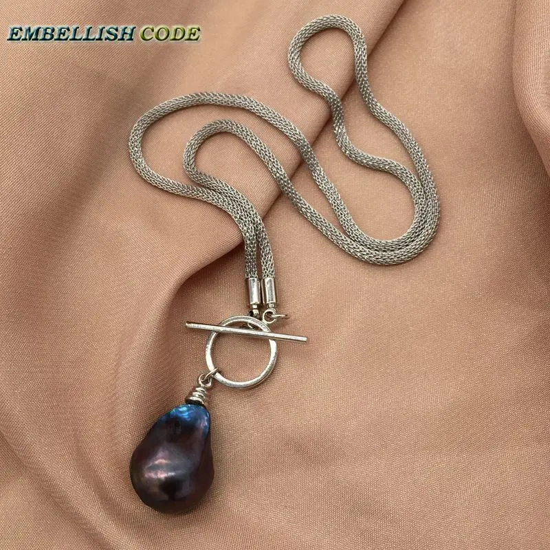 New black blue few brown color large nucleated flame ball OT shape baroque pearl necklace pendant freshwater 100% natural pearls