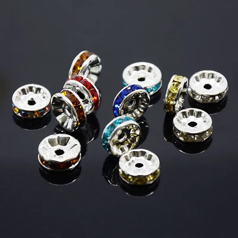 50/100pcs/lot 6MM 8MM Colorful Metal Rhinestone Crystal Loose Spacer Beads for DIY Jewelry Making Accessories Wholesale