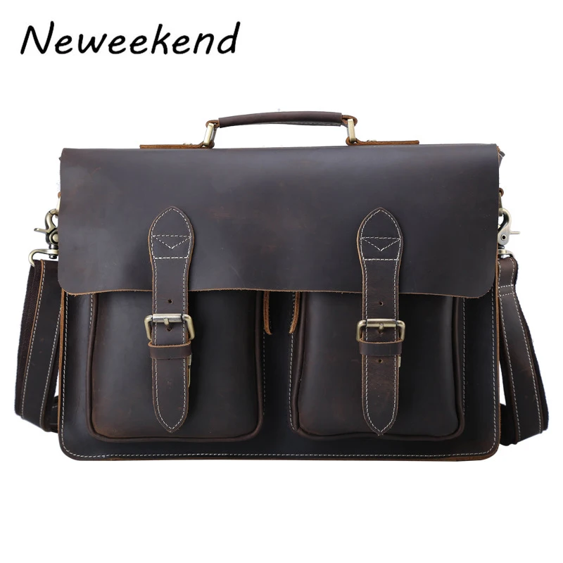 Men\'s Genuine Leather Briefcase Vintage Crazy Horse Male Messenger Shoulder 15 inch Laptop Flap Crossbody Bag Handbag Business