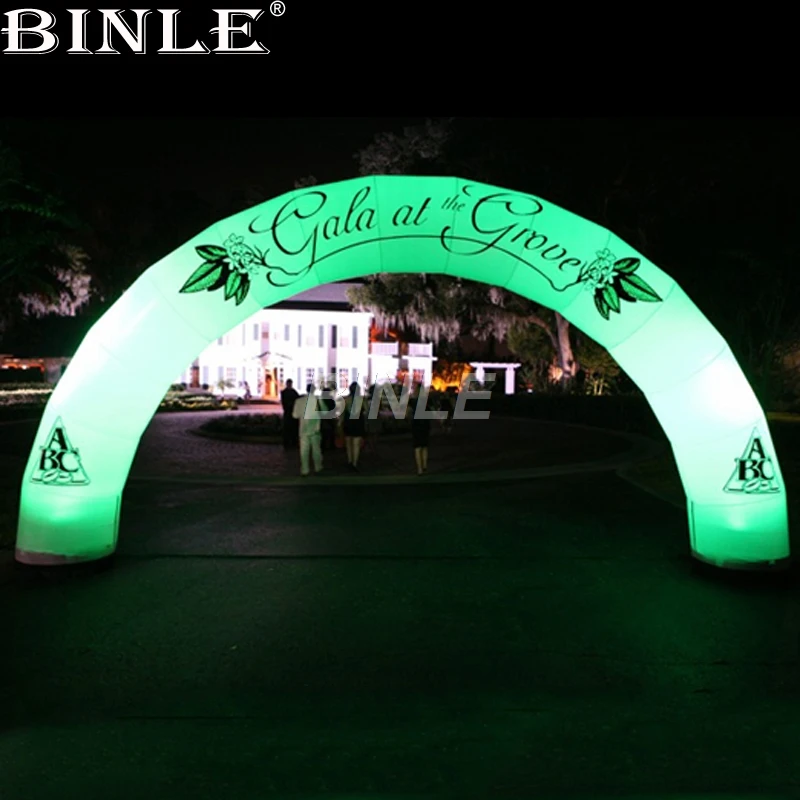 Decorative circular shaped logo printed white inflatable arch with colorful led lights for advertising