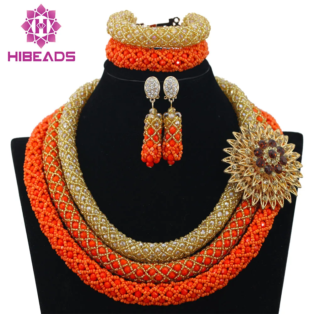 Fashion 3 Layers Nigerian Wedding African Beads Jewelry Set Dubai Orange Crysta Beads Bridal Jewelry Set Free Shipping ABF533