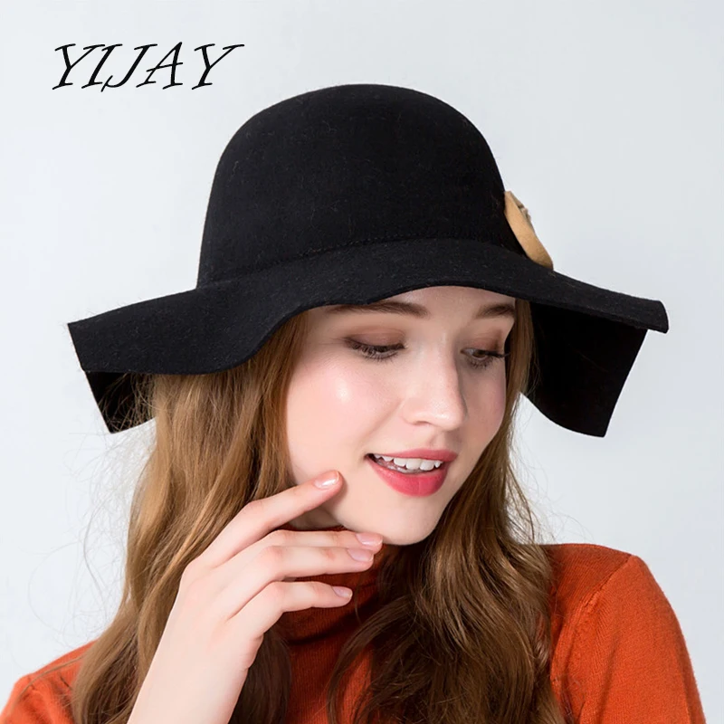 2018 Wide Brim 100% Wool Fedora Women Geometric Polygon Felt Cap Autumn Winter Floppy Hats With Handmade Flower