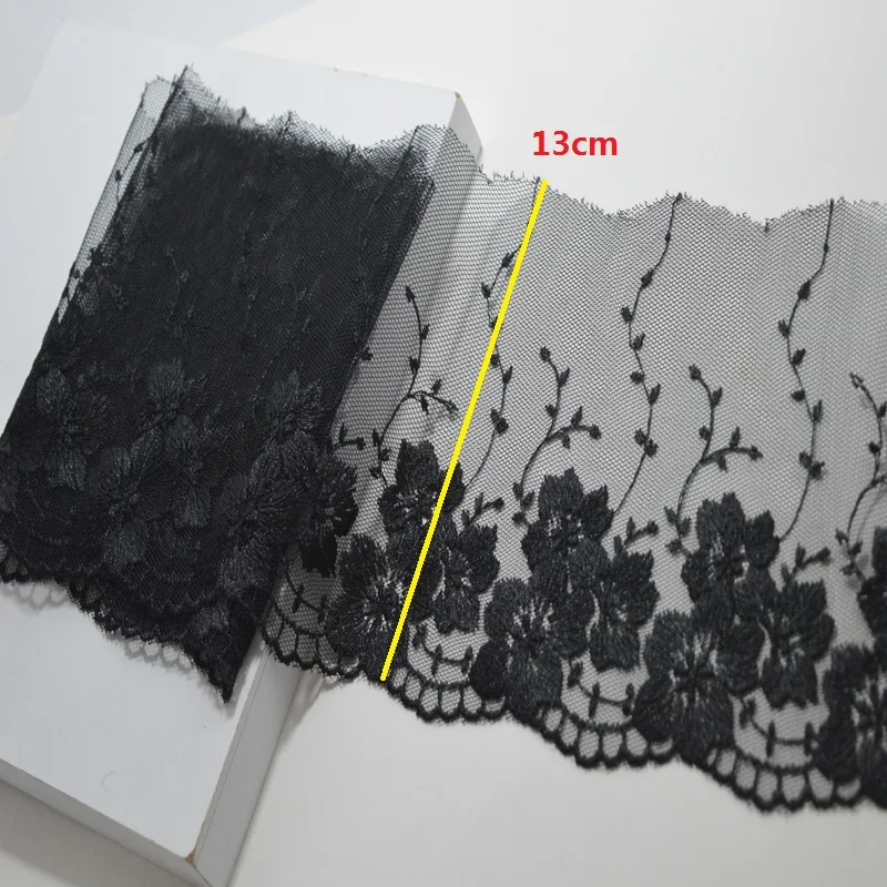 (2Yds/Lot)13Cm Wide Black Gauze Fluorescent Pattern Embroidery Trim With Design For Wedding Underwear Bra Dress Skirt Scarf