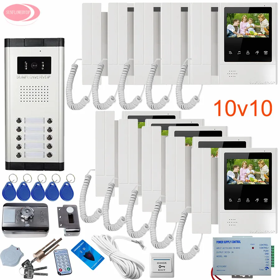 10 Units 4.3'' Intercom Video Intercoms Rfid Unlock Electronic Lock Doorbell Security Camera Intercom System Video Intercom Kit