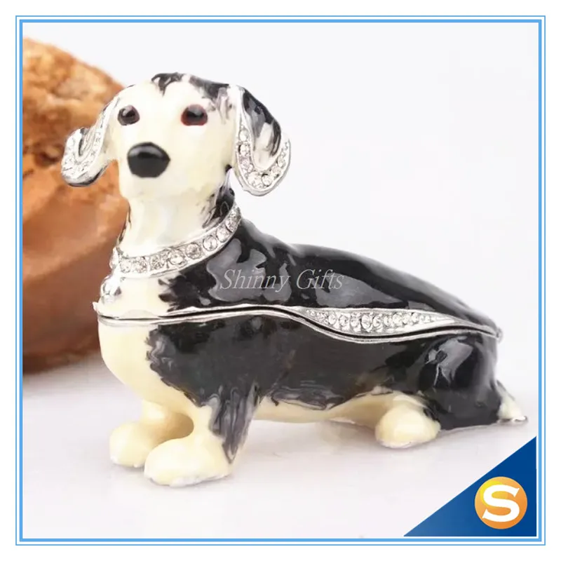 Dachshund Dog Bejeweled Trinket Box Dachshund Dog Figurine Czech Cyrstal Jeweled Hinged Trinket Box