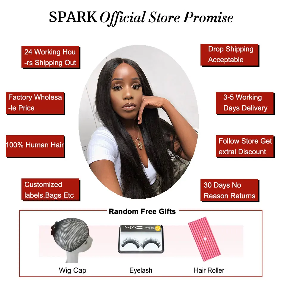 Spark Human Hair Straight Brazilian Human Hair Weave Bundles With Closure 100% Human Hair Extensions Natural Black Color Remy