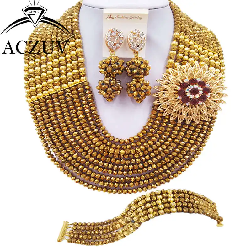 

ACZUV 10 Rows Golden Color Nigerian Wedding African Beads Jewelry Set Crystal Party Jewelry Sets 10LBJZ022