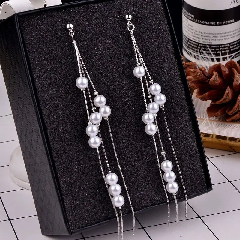 Silver Needle Korean Fashion Lady Sweet Imitation Pearl Tassel Long Earrings For Women 2019 Luxury Earrings Crystal Earrings