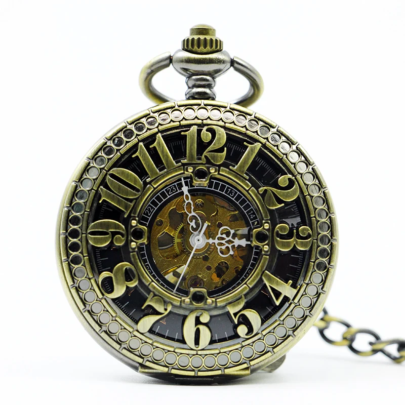 

5pc/lot High Quality Hand Wind Bronze Mechanical Pocket Watch Arabic Numbers Clamshell Design Skeleton Watch PJX1224