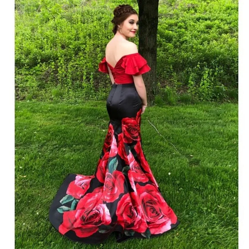 Print Floral Roses 2-Piece Prom Dresses 2k24 Mermaid Off-the-Shoulder Sweep Train Pageant Gowns Backless Red/Black