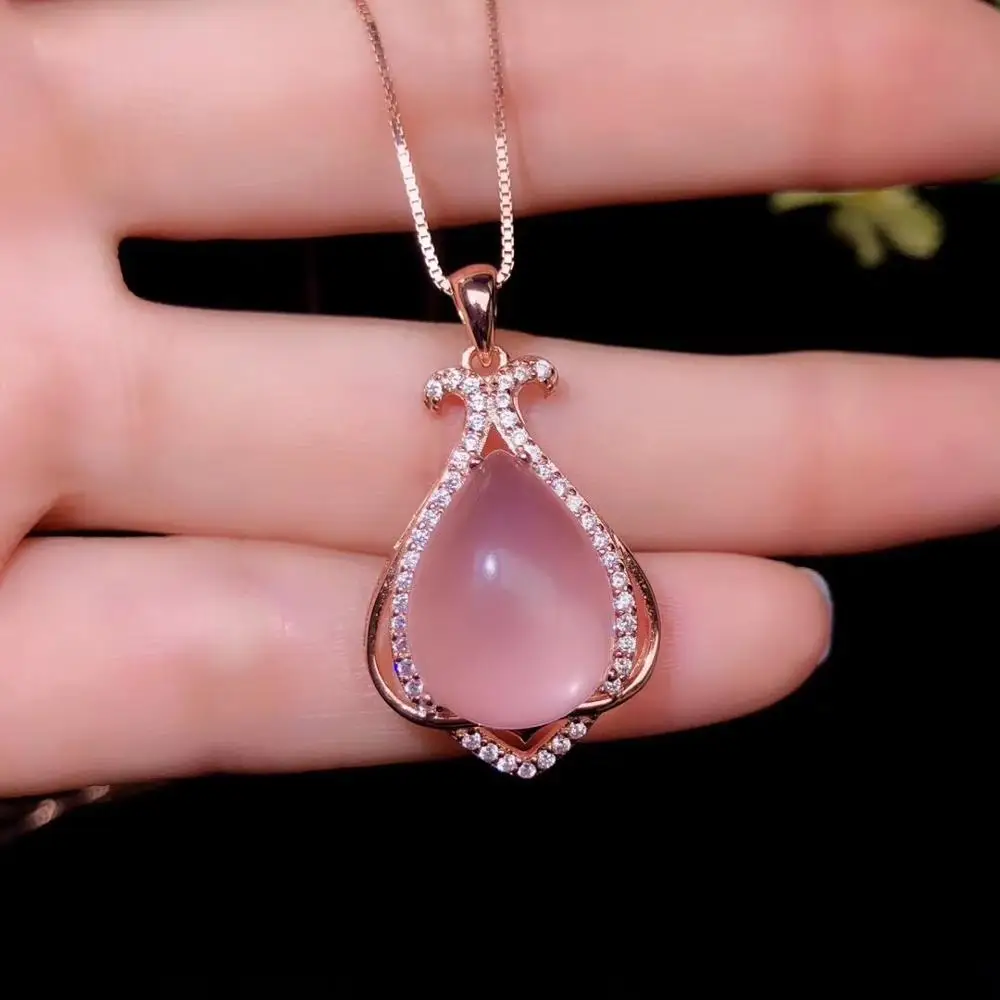 New pink Rose Quartz pendant for necklace  Real 925 Silver Rose Gold plated Women Good Gift