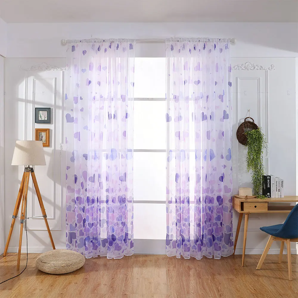 Blue Romantic Heart Print Voile Curtain Living Room Bedroom Balcony Window Door Curtains Drape Pannel Sheer Voile Valances Decor