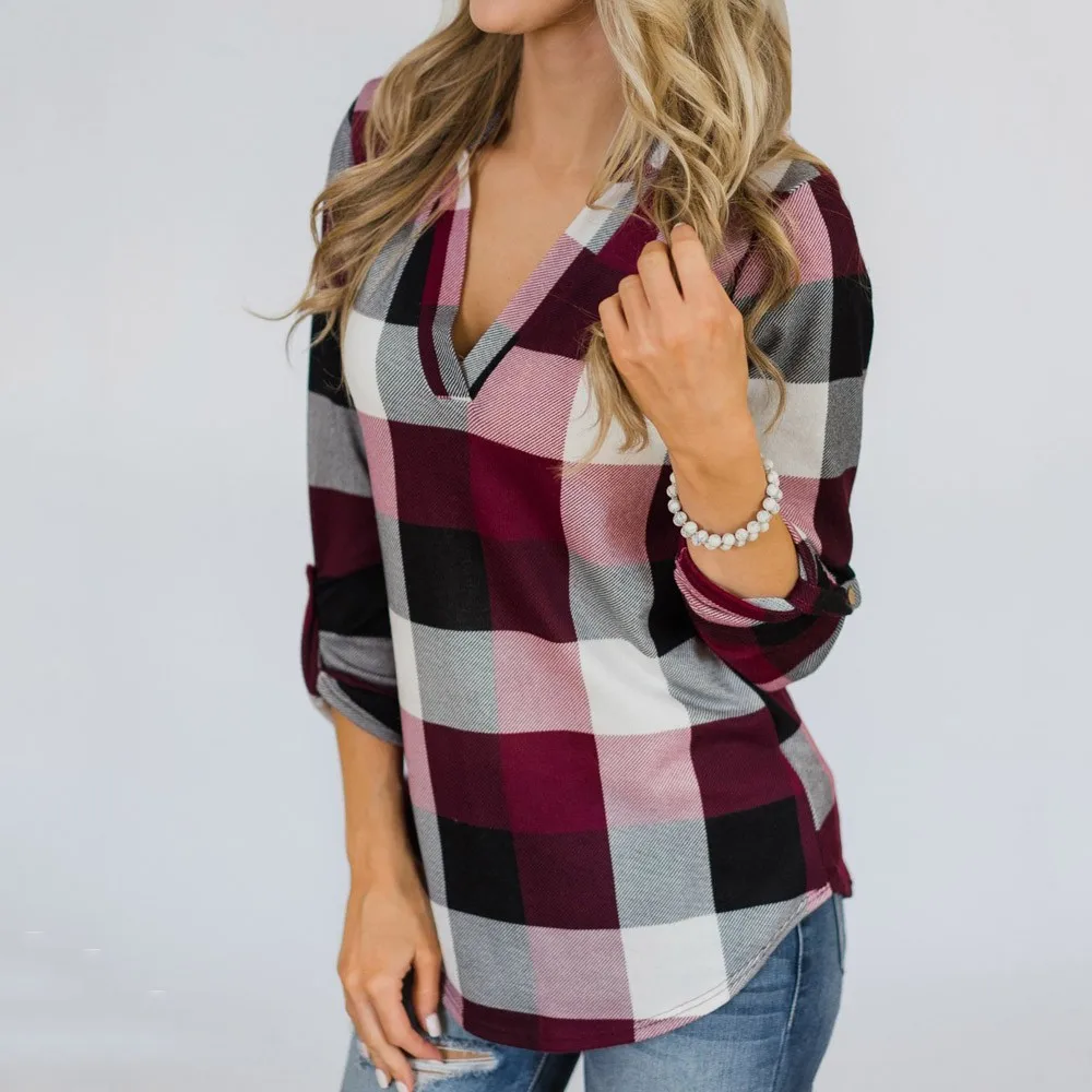 Fashion Women Roll Up Long Sleeve Sexy V-neck Tee Top Plaid Blouse Shirt Loose Casual Daily Female Blouses Tops Blusas Pullover