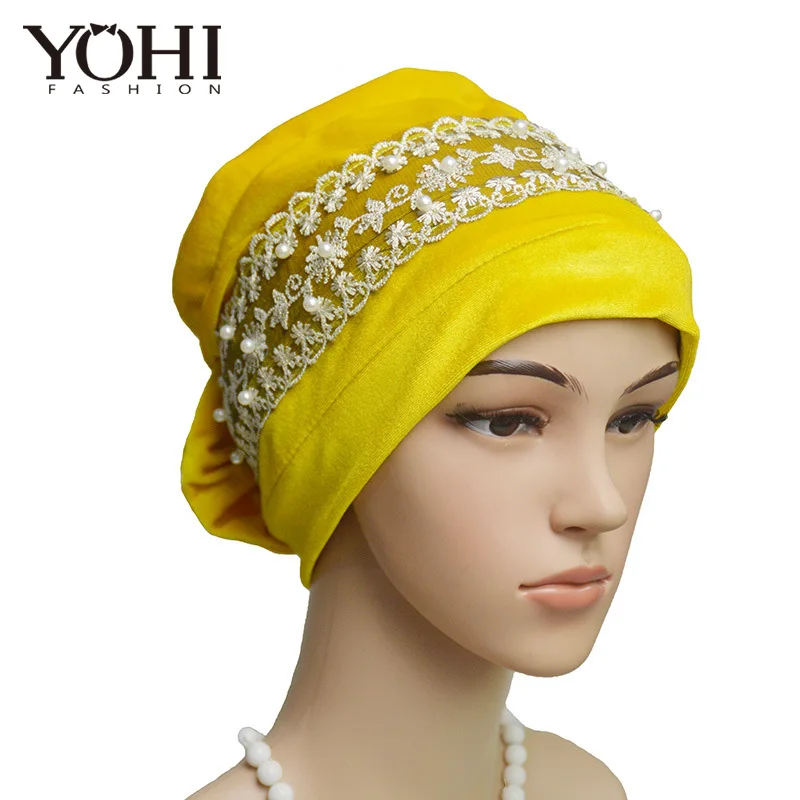 Новинка 2018, модная бархатная кружевная шляпа Baotou с жемчугом, женская шляпа для церкви, Женский хиджаб, тюрбан