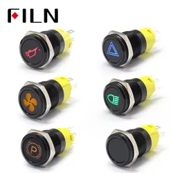 Interruptor de botón de metal negro LED de 16mm y 12v para tablero de instrumentos, símbolo personalizado, enganche momentáneo, interruptor de carreras de coches