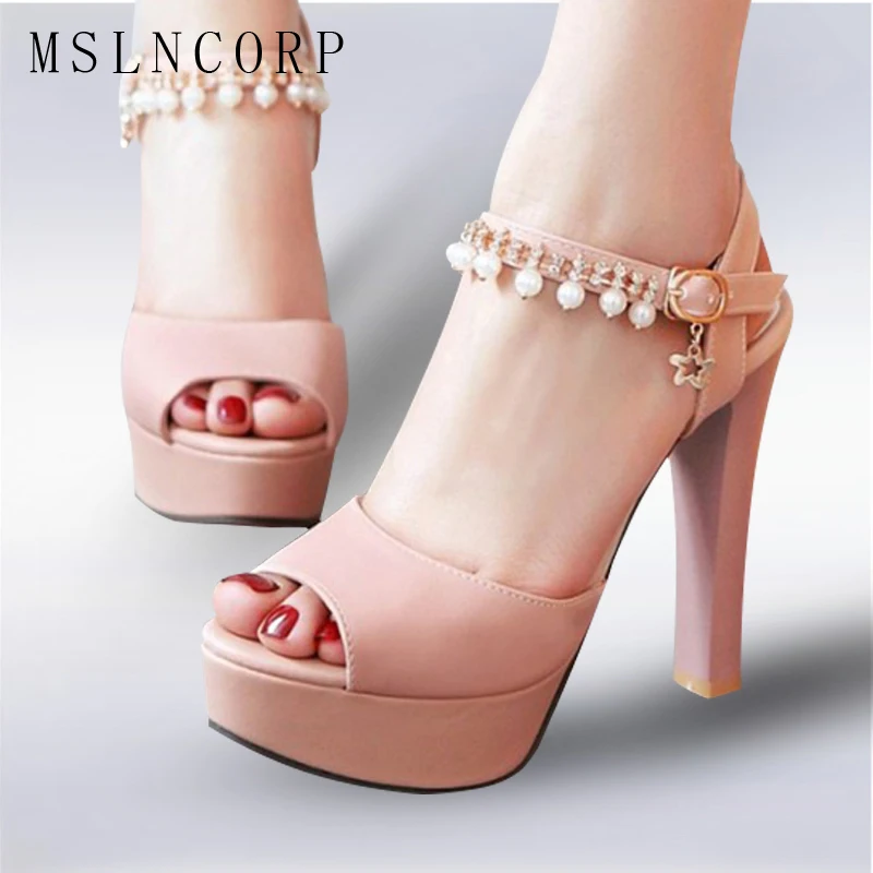 

plus size 34-43 summer high heels women sandals Platform fish peep fashion pearls buckle strap Party Wedding Ladies Shoes Female