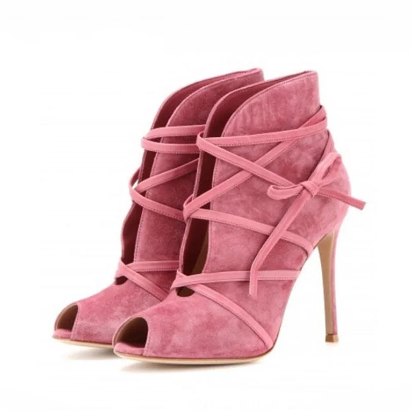 Summer Fashion Woman Rose Pink Ankle Boot Charming Upper Vamp Arc Cut Out Design Sexy Ankle Lace Up Black Gray Brown Short Boot