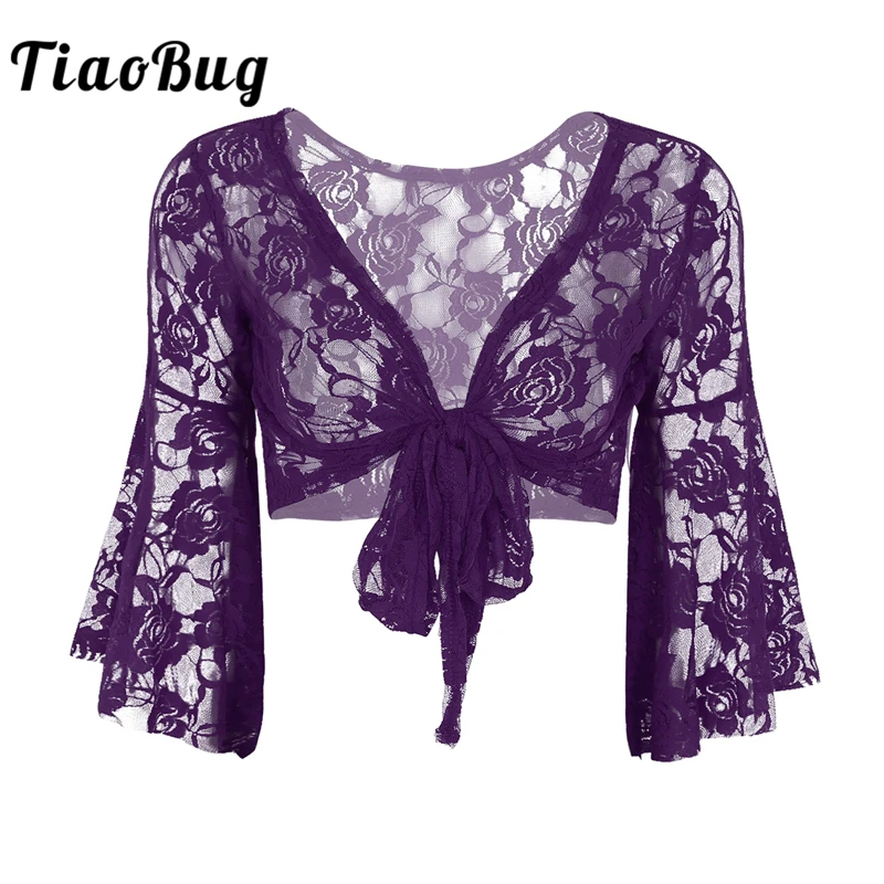 

Women Long Flare Sleeve Floral Lace Top Belly Dance Costume Lace-up Butterfly Shrug Ballet Gymnastics Cover Up Cardigan Wraps