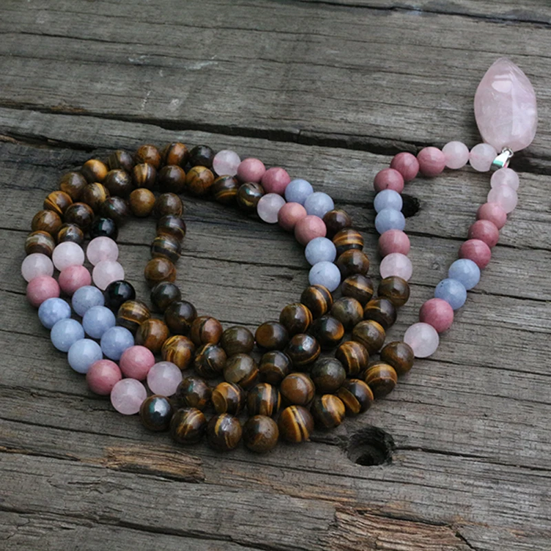 8mm Tiger\'s Eye And Rhodochrosite JaPaMala Beads Necklace, Long Nacklace, 108 Bead Mala, Mala Jewelry, Yoga Class Prayer Jewelry