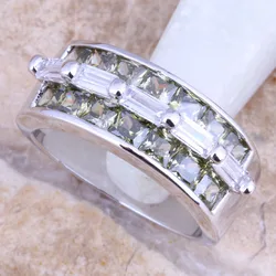 Sparkly Green Peridot White CZ Silver Plated  Women's Ring Size 6 / 7 / 8 / 9 R1367