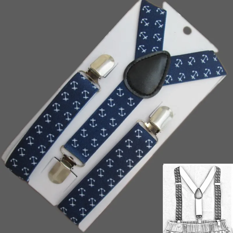 BD021-S 10pc/lot Kids Suspenders Anchor Print Navy Blue Braces Boys Girls 2.5*65 cm 3 clips-on Children Accessories