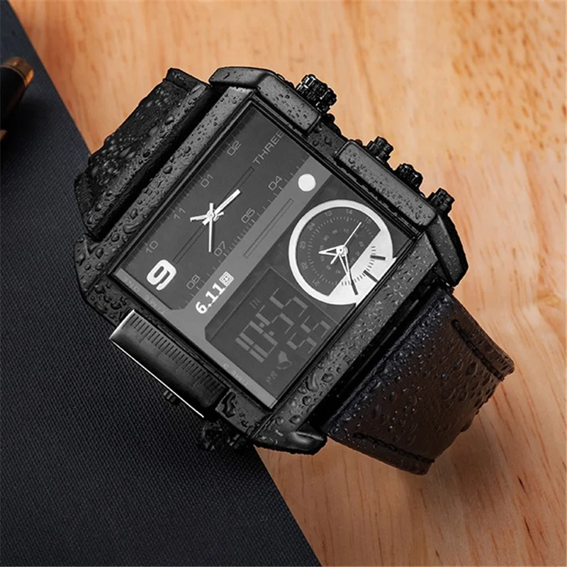 Watches Men LED Waterproof Two Time Zone Mens Square Watches Luxury Big Size Male Quartz Sport Watch Relogio Masculino