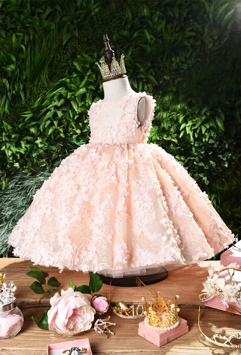 

New Floral Girl First Communion Dresses Pink Tulle Party Ball Gown Flower Girl Dress For Wedding Kids Summer Vestido